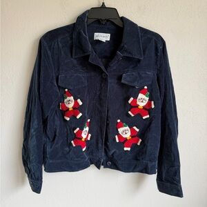 Bellepointe Navy Velveteen Embroidered Santa Button Up Blouse Womens S Christmas